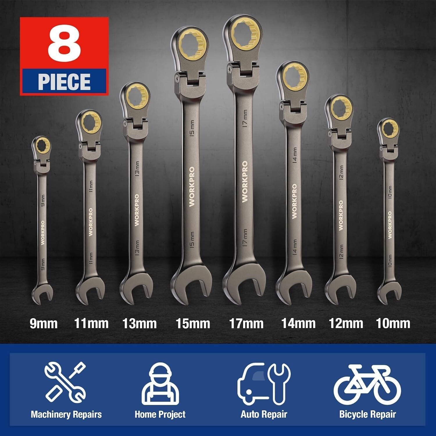 Durable 8-Piece CR-V Nickel-Plated Ratcheting Wrench Set with 180-Degree Pivot