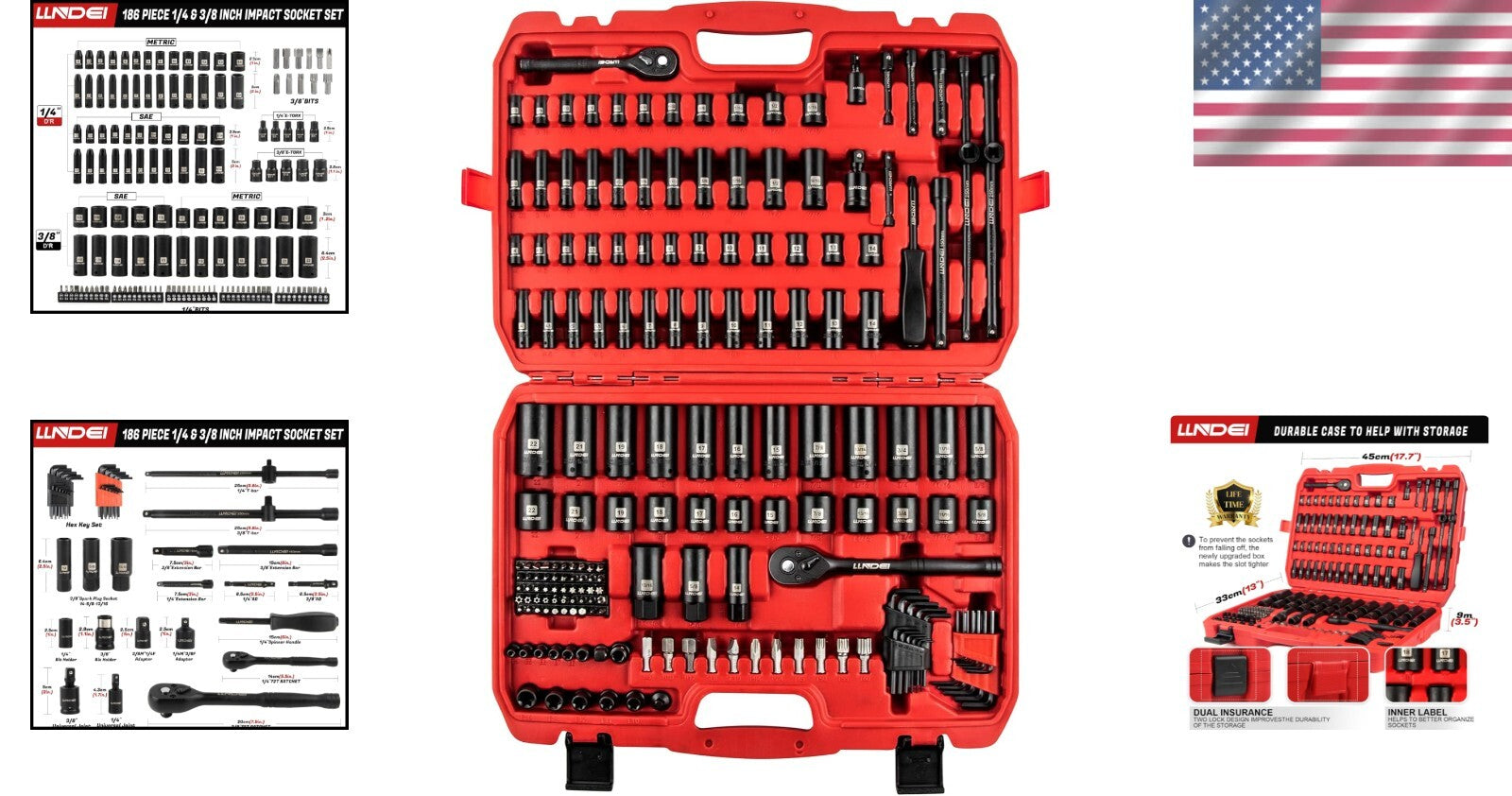 Durable Impact Socket Tool Set - 186 Pieces with Ratchet Wrench & Extension Bars