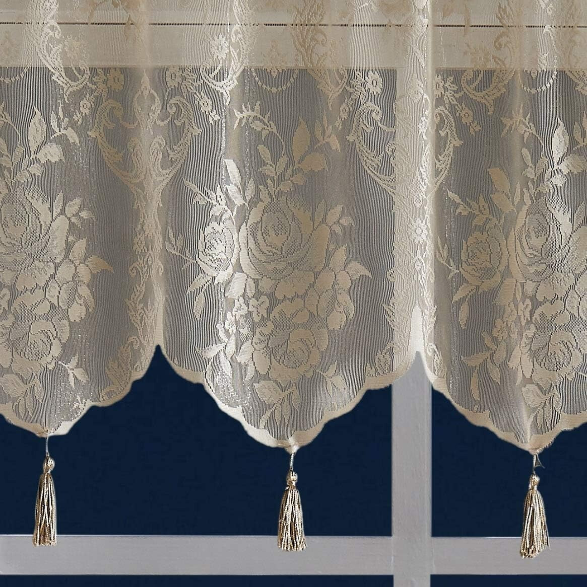 Elegant Pair of 2 Sheer Lace Curtain Panels with Valance & Tassels - 54x96 Linen