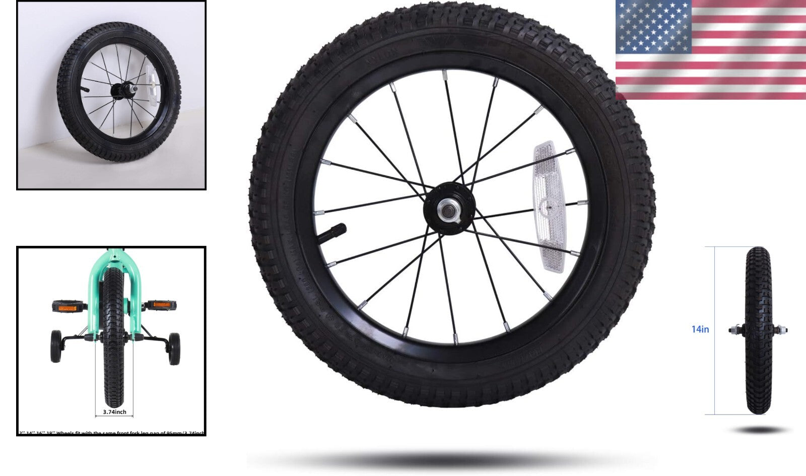 Reliable 14-Inch Kids Replacement Wheel with Stainless Spokes & Robust Tire