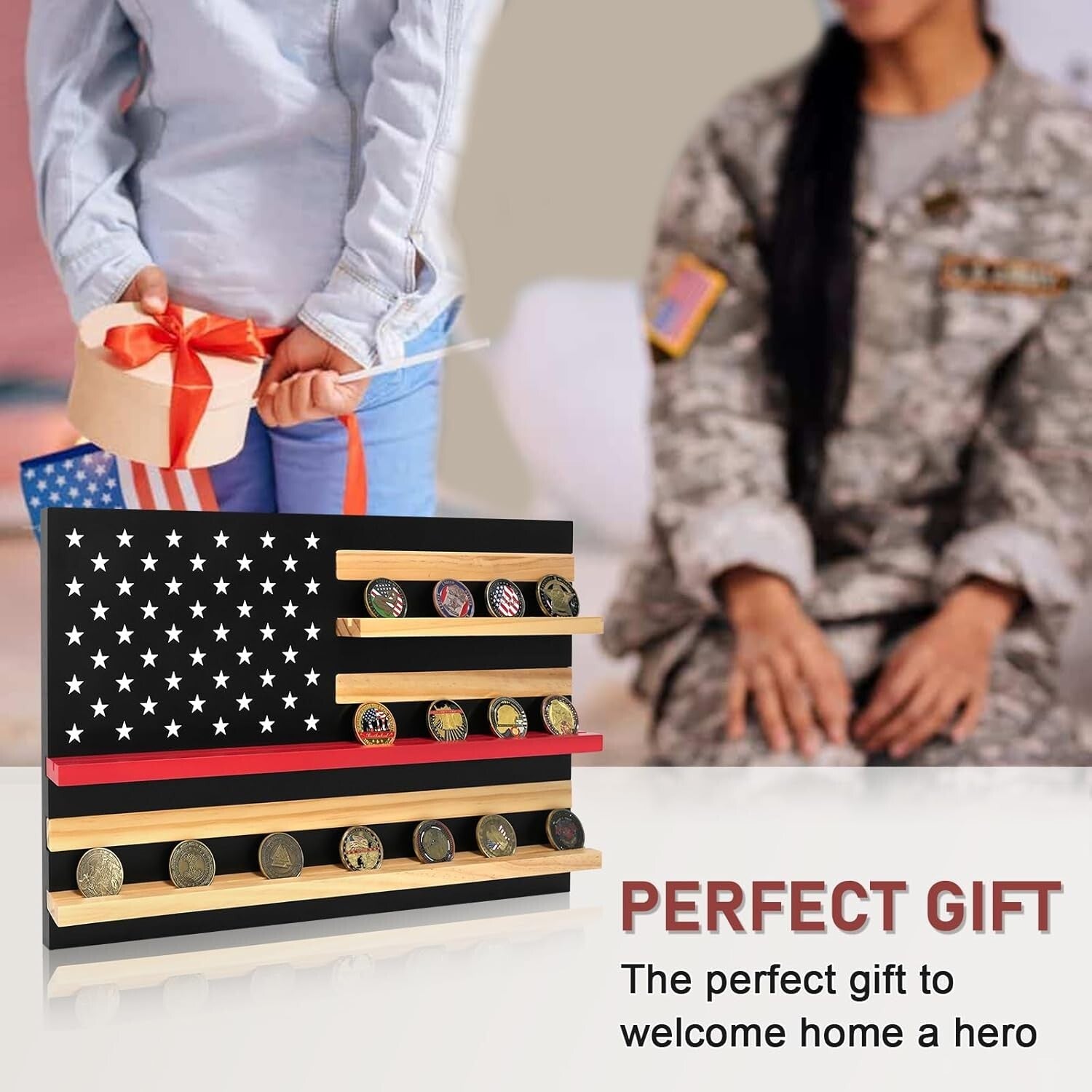 Elegant Thin Red Line Coin Holder - Solid Wood Display for 30 Challenge Coins