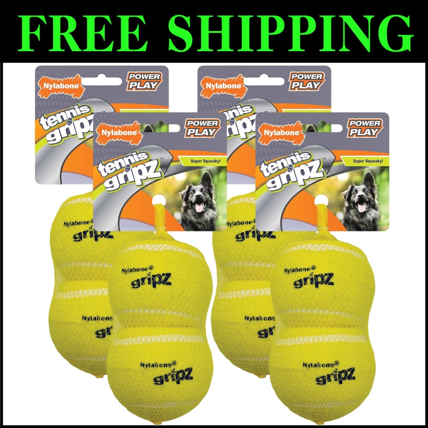 Bouncy Non-Abrasive Tennis Balls for Large Dogs - 4 Pack Interactive Play