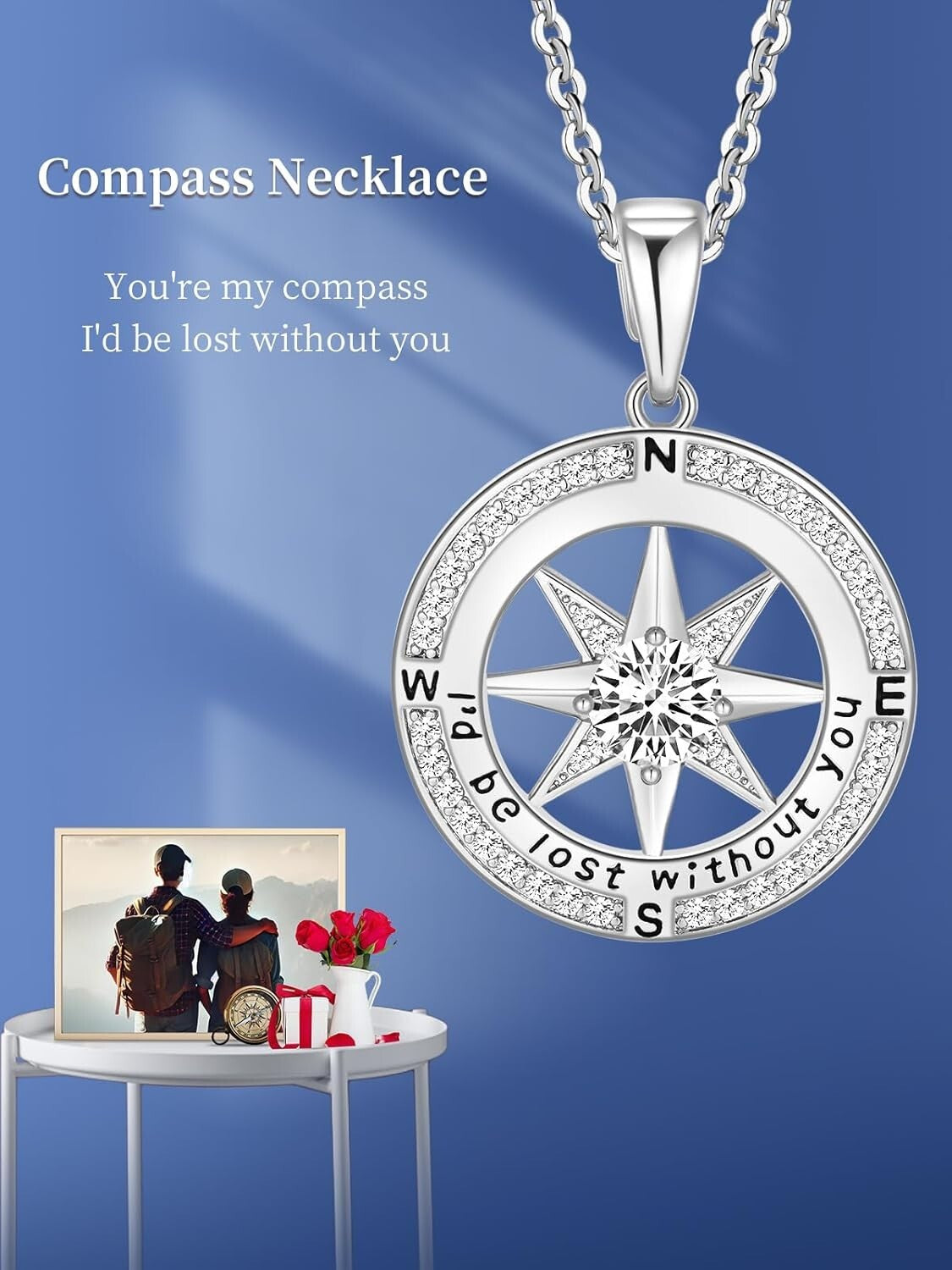 Cubic Zirconia Compass Necklace - 18k Gold Filled Gift for Wife or Girlfriend