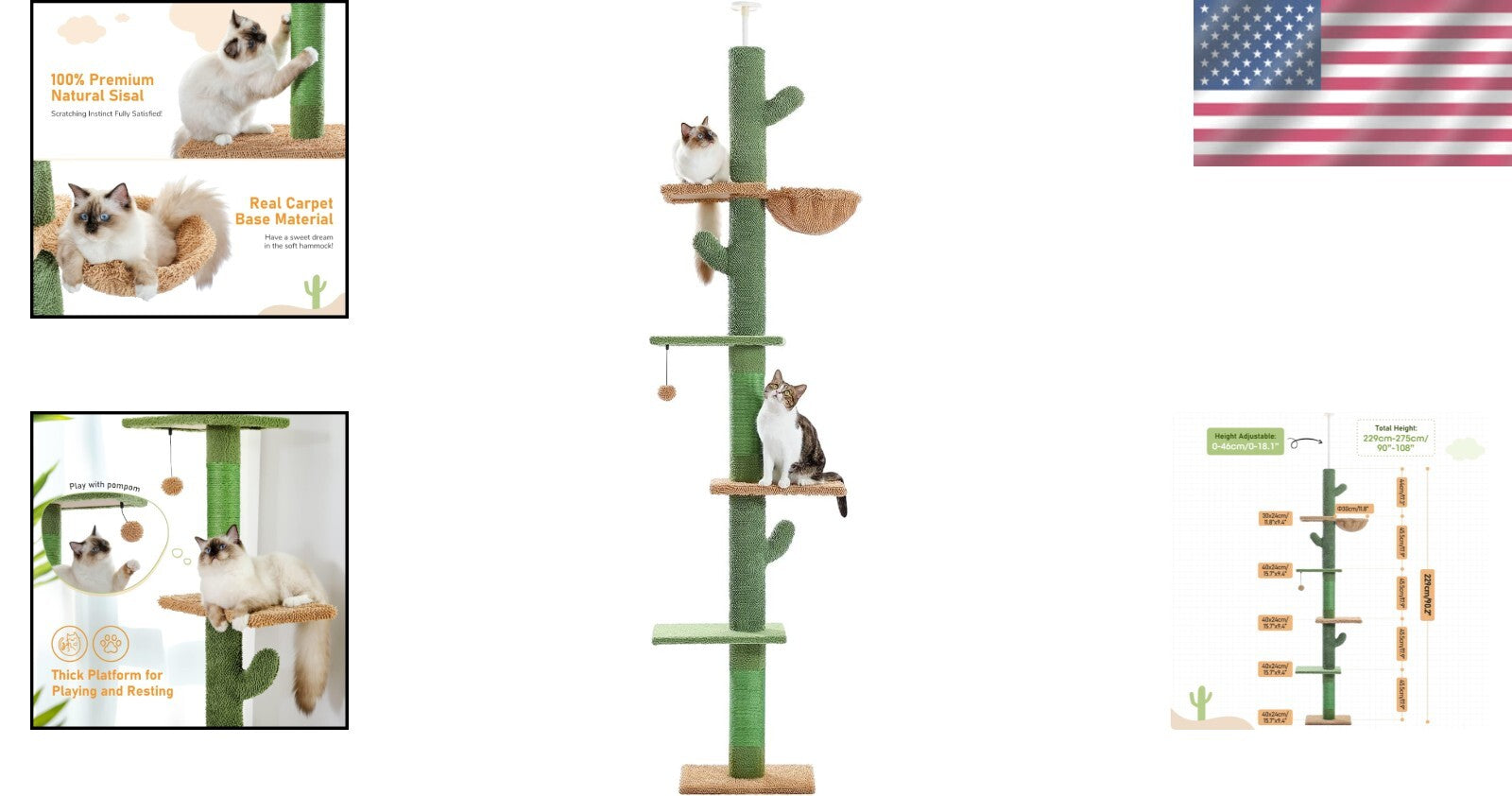 Floor to Ceiling Cat Tree - Cactus Design with Hammock & Scratching Posts