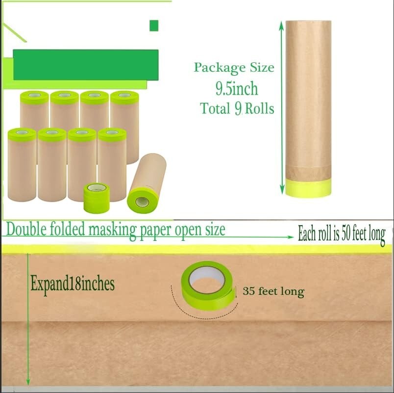 Waterproof Paint Masking Paper & Tape Kit - 9 Rolls, Clean Removal, No Residue