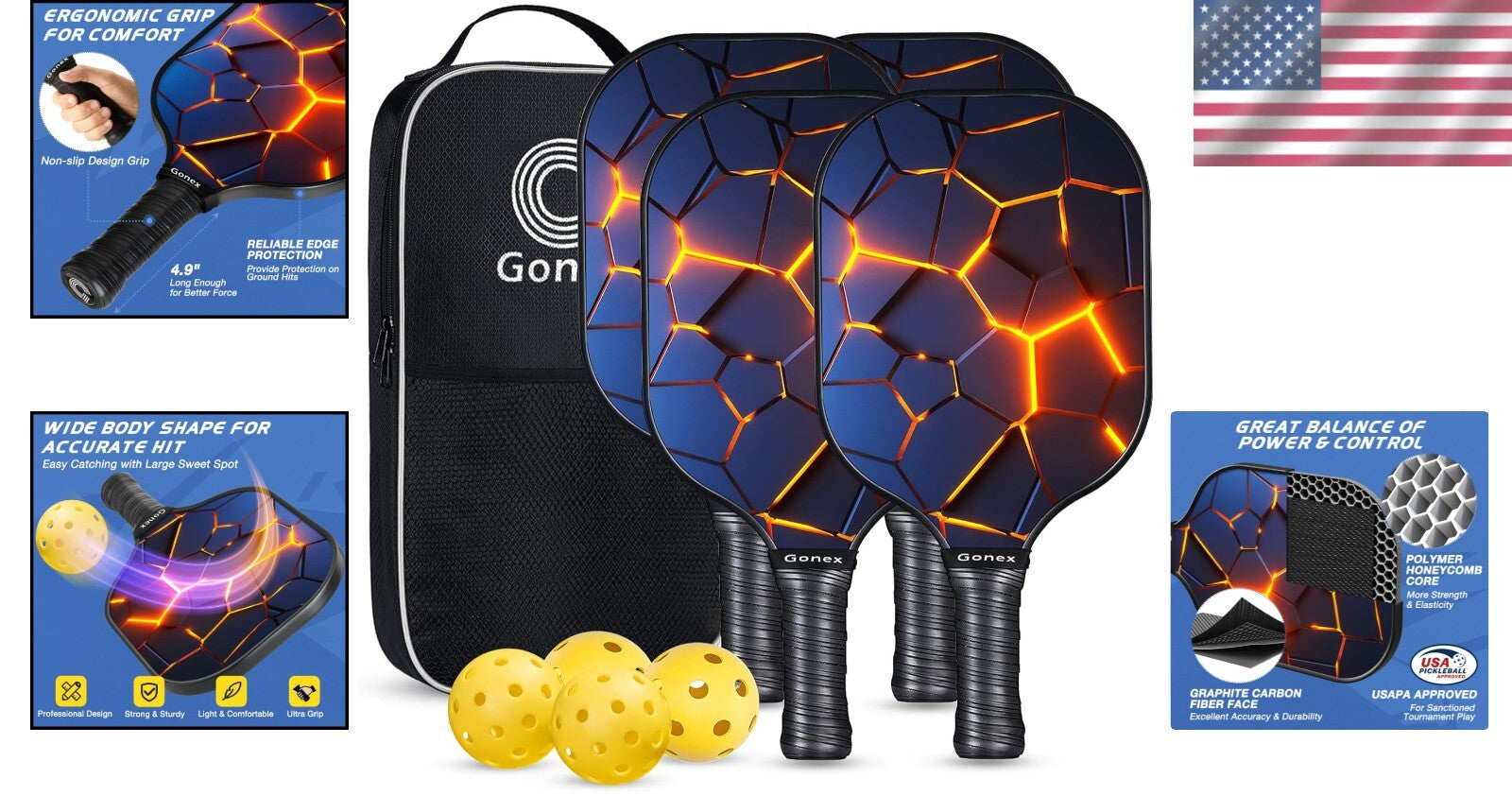 Lightweight Graphite Pickleball Rackets with Comfort Grip - Set of 4 & Carry Bag