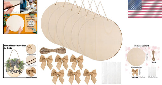 DIY Craft Kit: 12 18-Inch Wood Circles with Bows & Twine for Holiday Projects