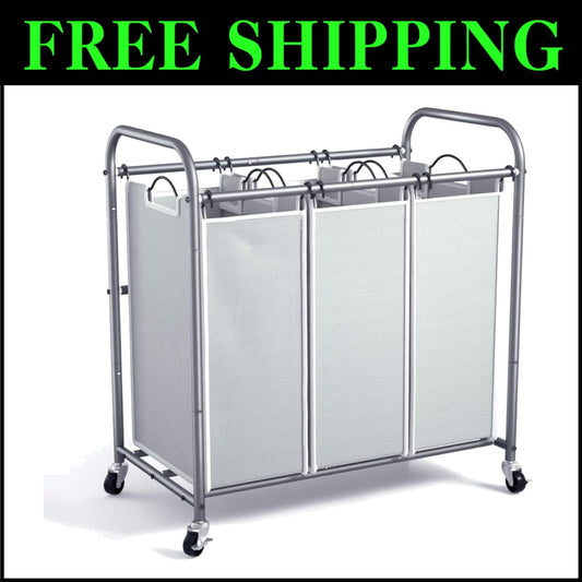 Gray Laundry Hamper on Wheels - 3 Compartments & Removable Bags for Easy Sorting