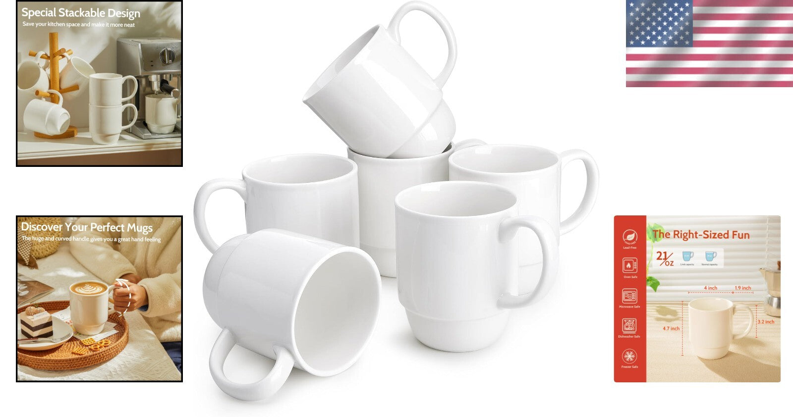 21 Oz Stackable Porcelain Mugs - Set of 6 for Stylish Coffee & Mulled Drinks