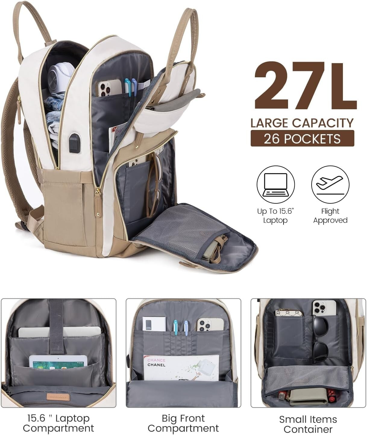 Durable USB Charging Backpack for 15.6 Inch Laptop - Water-Resistant Beige-Khaqi