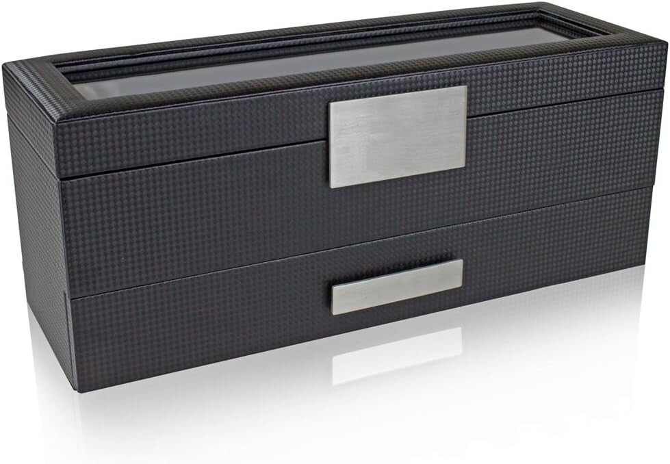 Stunning 6 Slot Men's Watch Organizer with Valet Drawer & Faux Leather Interior