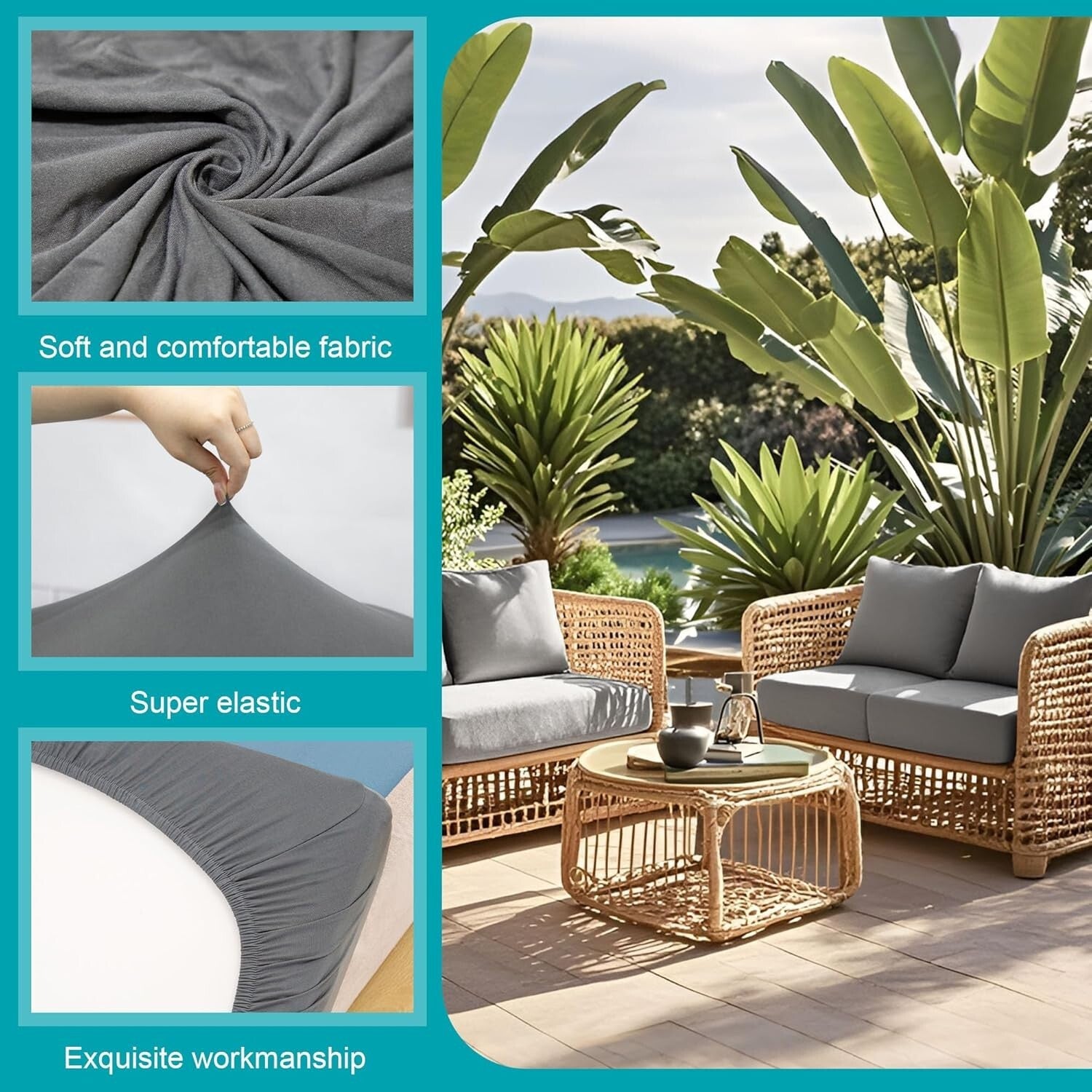 Elastic Slipcovers for Patio Sofa Cushions – 12 Stretch Covers in Classic Grey