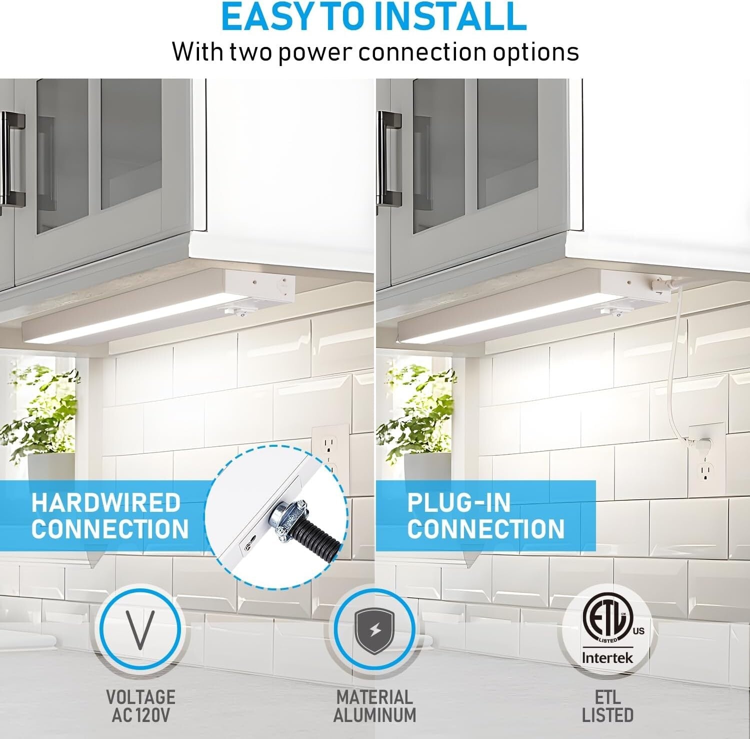 Stylish 4-Pack Under Cabinet LED Lights, 12 Inch, Hardwired & Plug-in Options