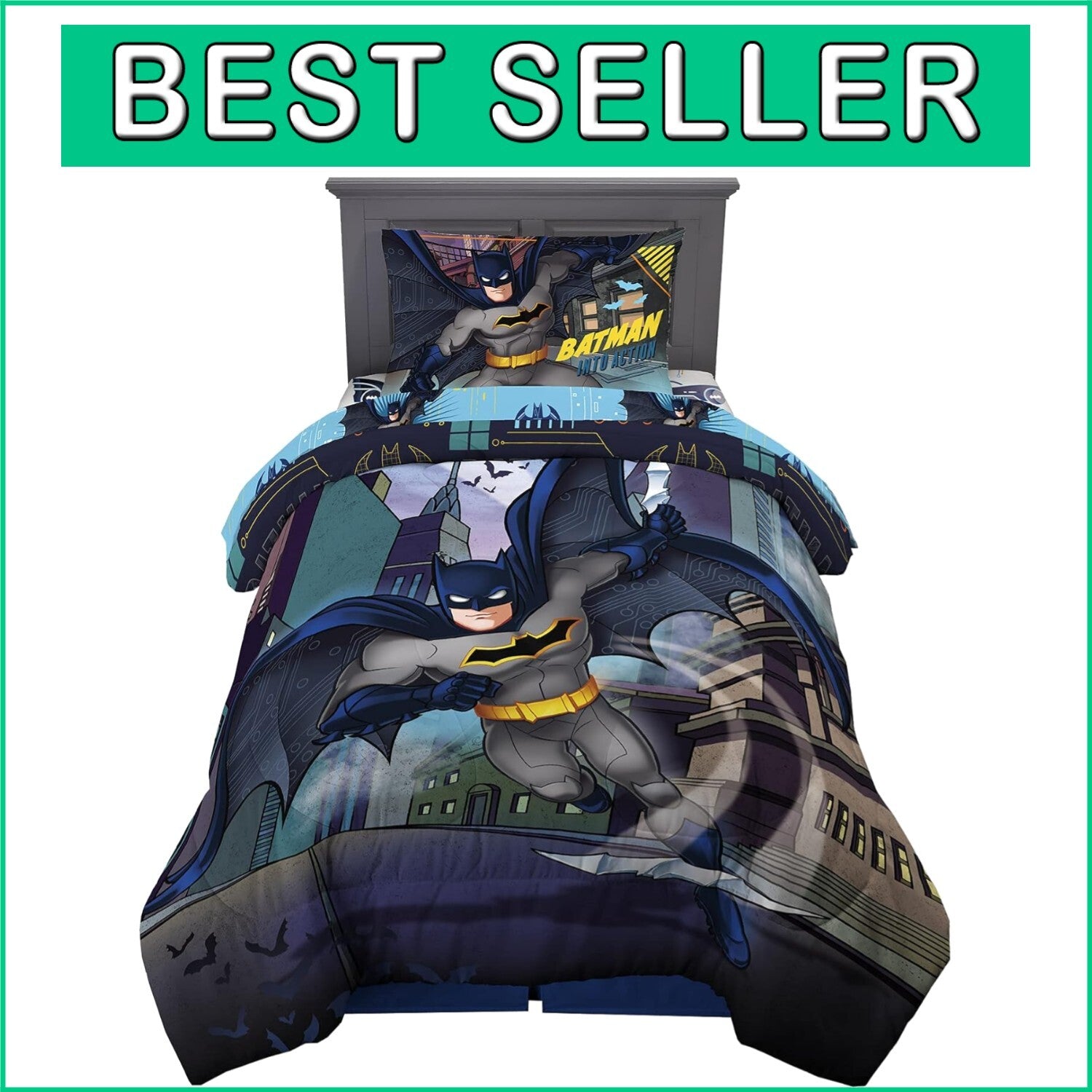 Dynamic Batman Kids Bedding Set - 4 Piece Twin Size Comforter and Sheets