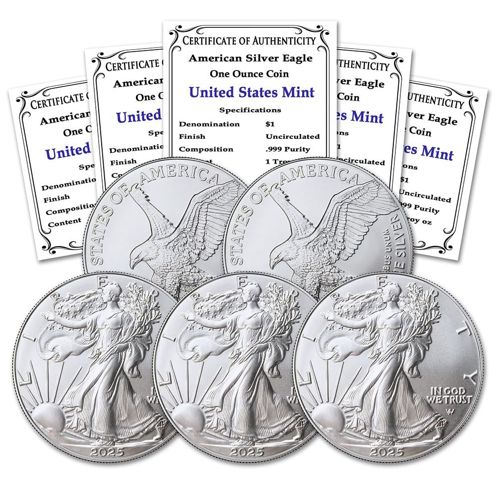 Collector's Set: 5 oz American Silver Eagle Coins, Certs Included - 2025 Edition