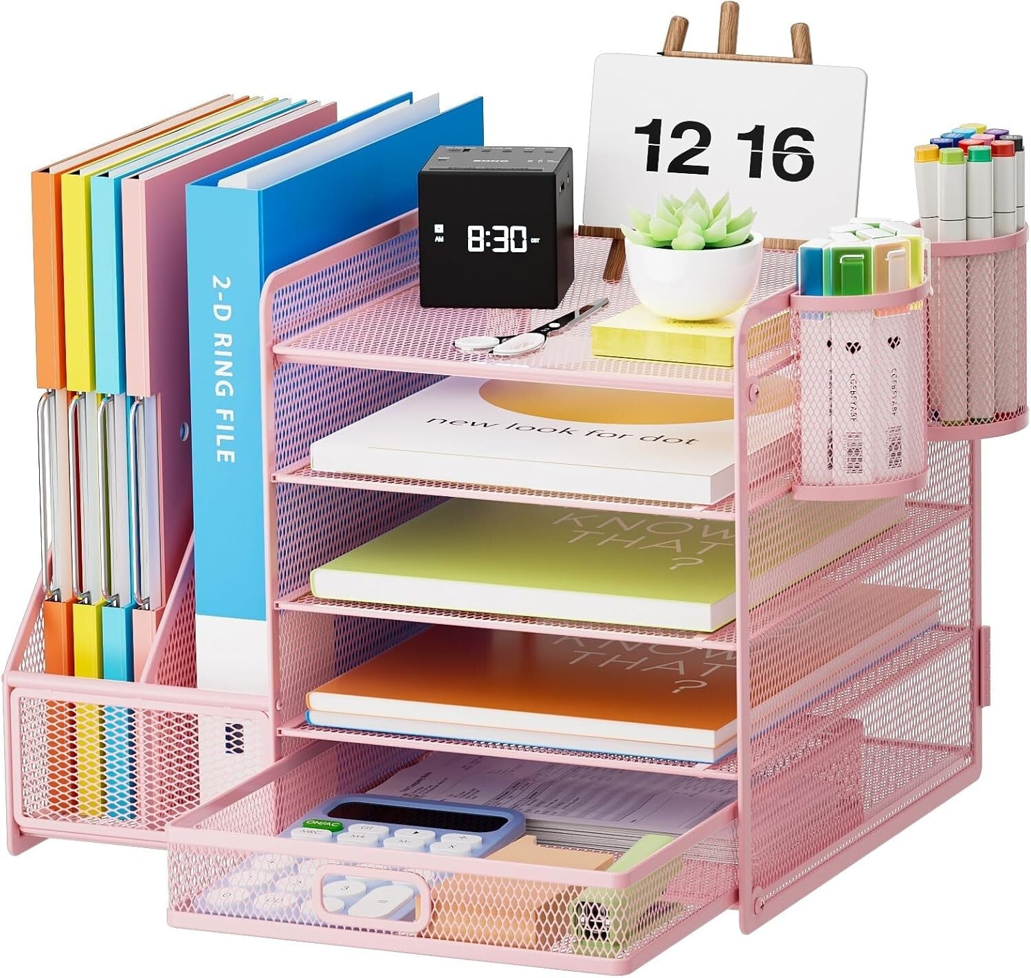 Elevate Your Office with a 5-Tier Pink Mesh Desk Organizer and Storage Drawer