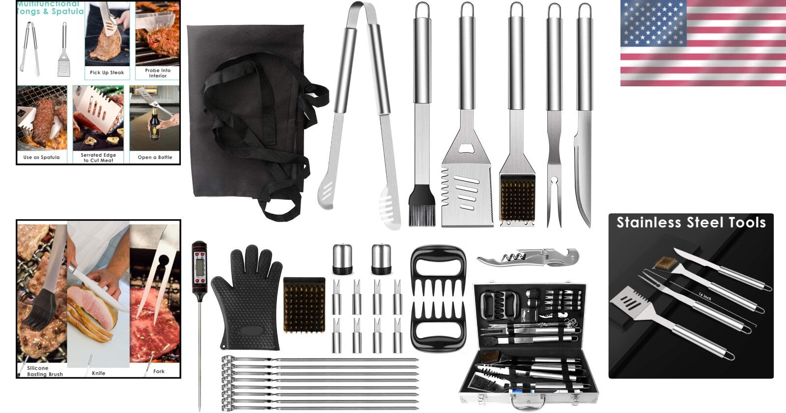 Durable 32-Piece Grill Tool Set with Silicone-Handled Utensils & Portable Case