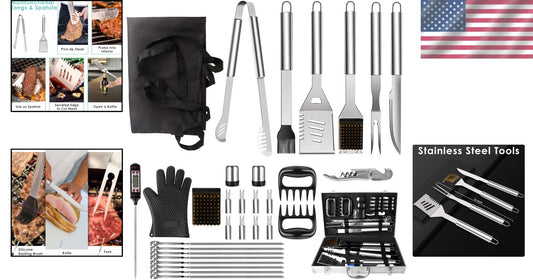 Durable 32-Piece Grill Tool Set with Silicone-Handled Utensils & Portable Case