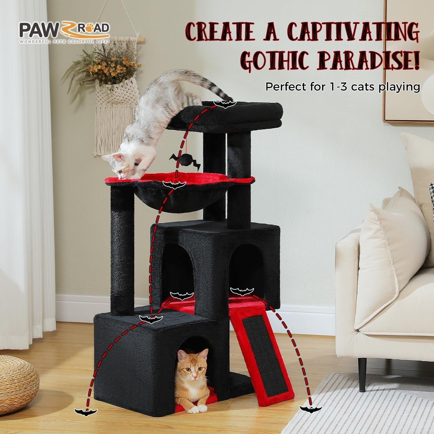 Large Black Cat Tower - 41" Gothic Style with Padded Perch and Scratching Pad