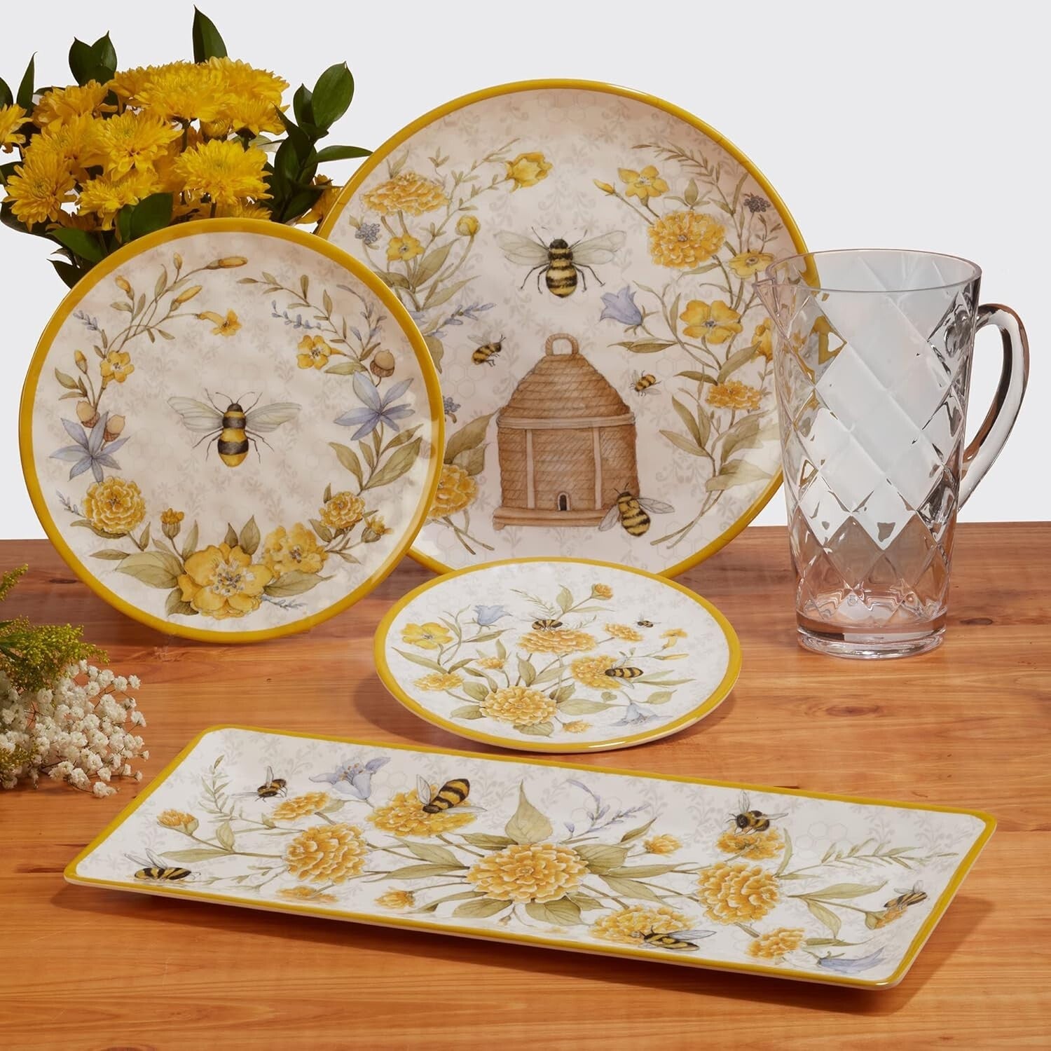 Charming Bee & Floral 12-Piece Melamine Set for Spring & Summer Entertaining