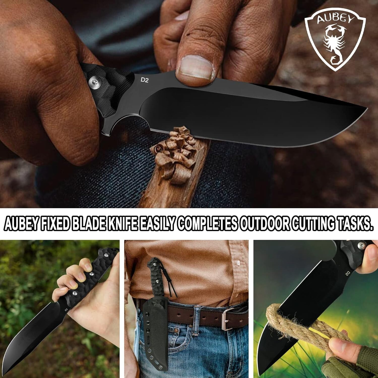 Durable Outdoor Survival Knife - 10.6" D2 Fixed Blade & Non-Slip G10 Handle