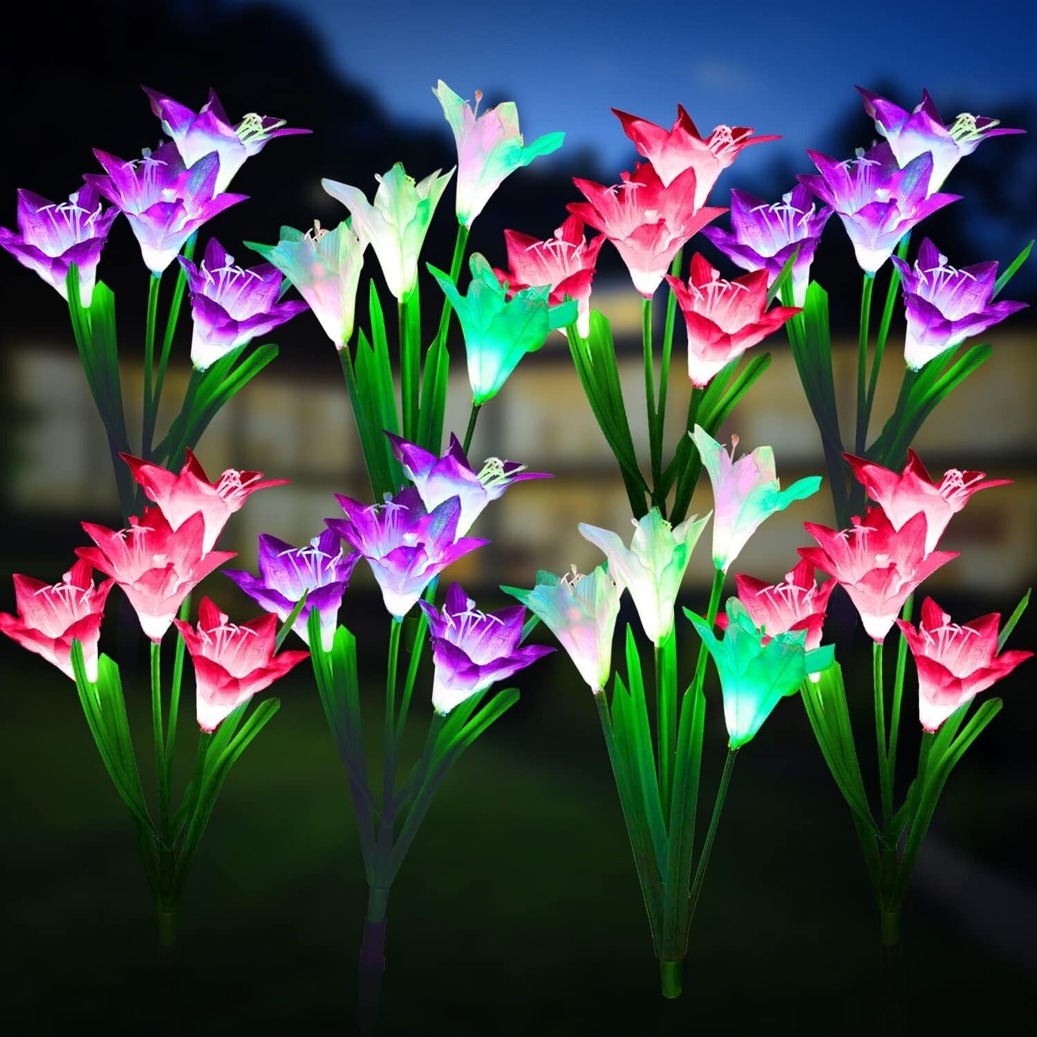 Solar Garden Lights Set with 8 Larger Lily Flowers - Waterproof & Color Changing