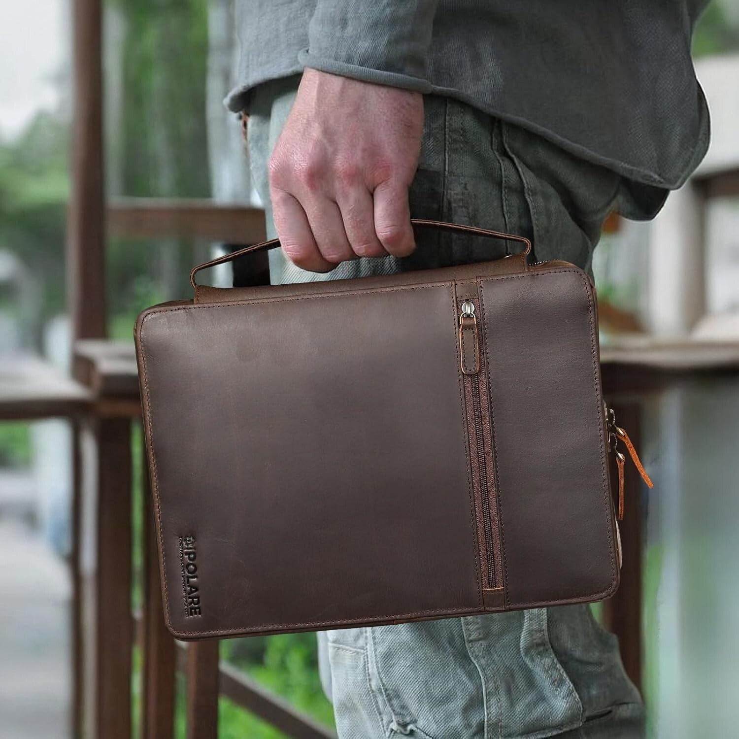 Luxurious Leather Bible Carrying Case Organizer with Zipper Closure - Dark Brown