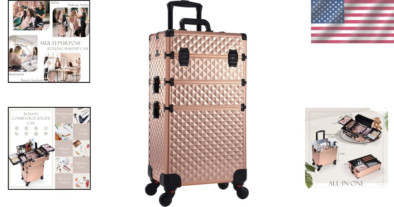Diamond Pattern Cosmetic Rolling Case with Adjustable compartments & 4 Wheels