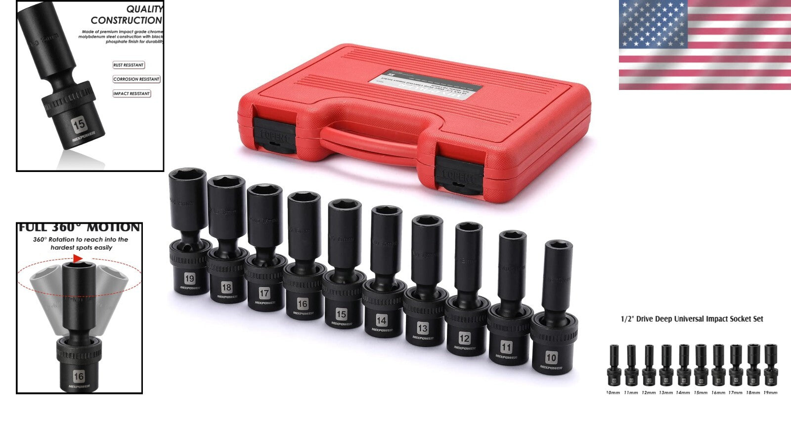 Lightweight 10-Piece Impact Socket Set - Chrome Molybdenum with Black Finish