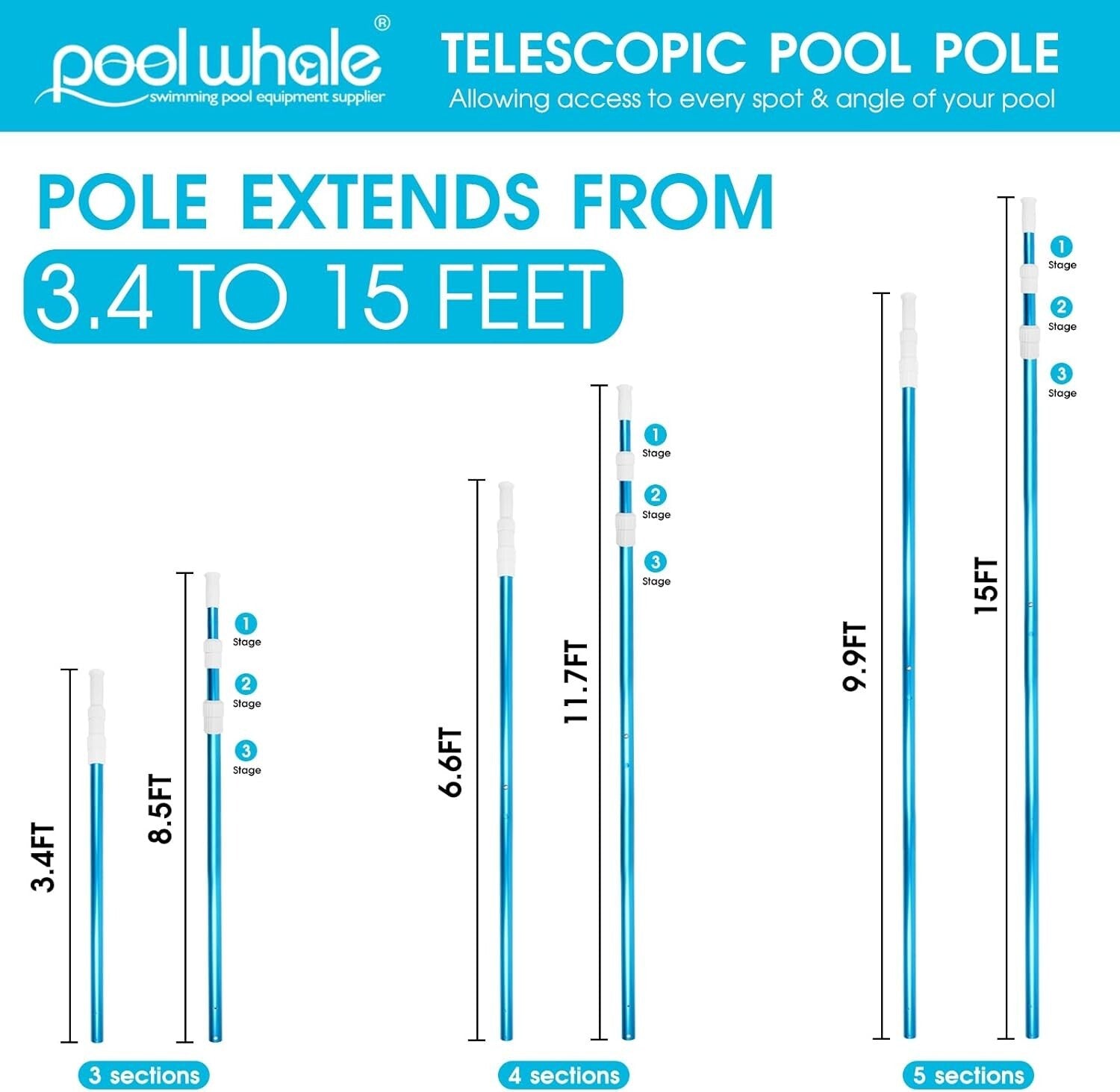 15ft Adjustable Telescopic Pool Pole - Heavy Duty Aluminum Cleaning Tool