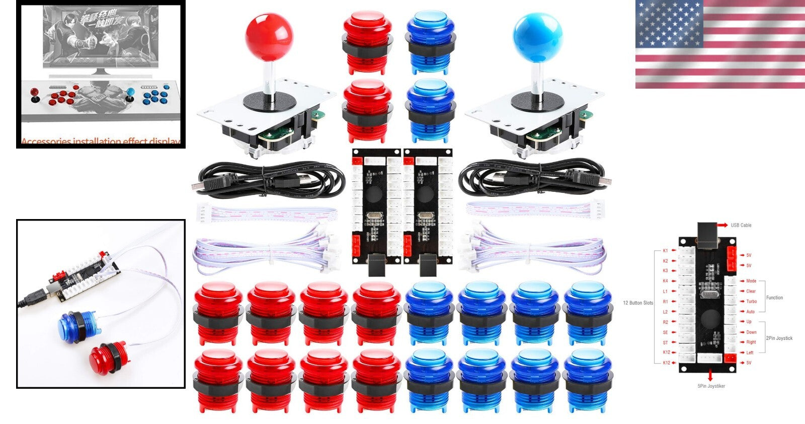 DIY LED Arcade Controller Kit - Includes 2 Joysticks & 20 Colorful Buttons