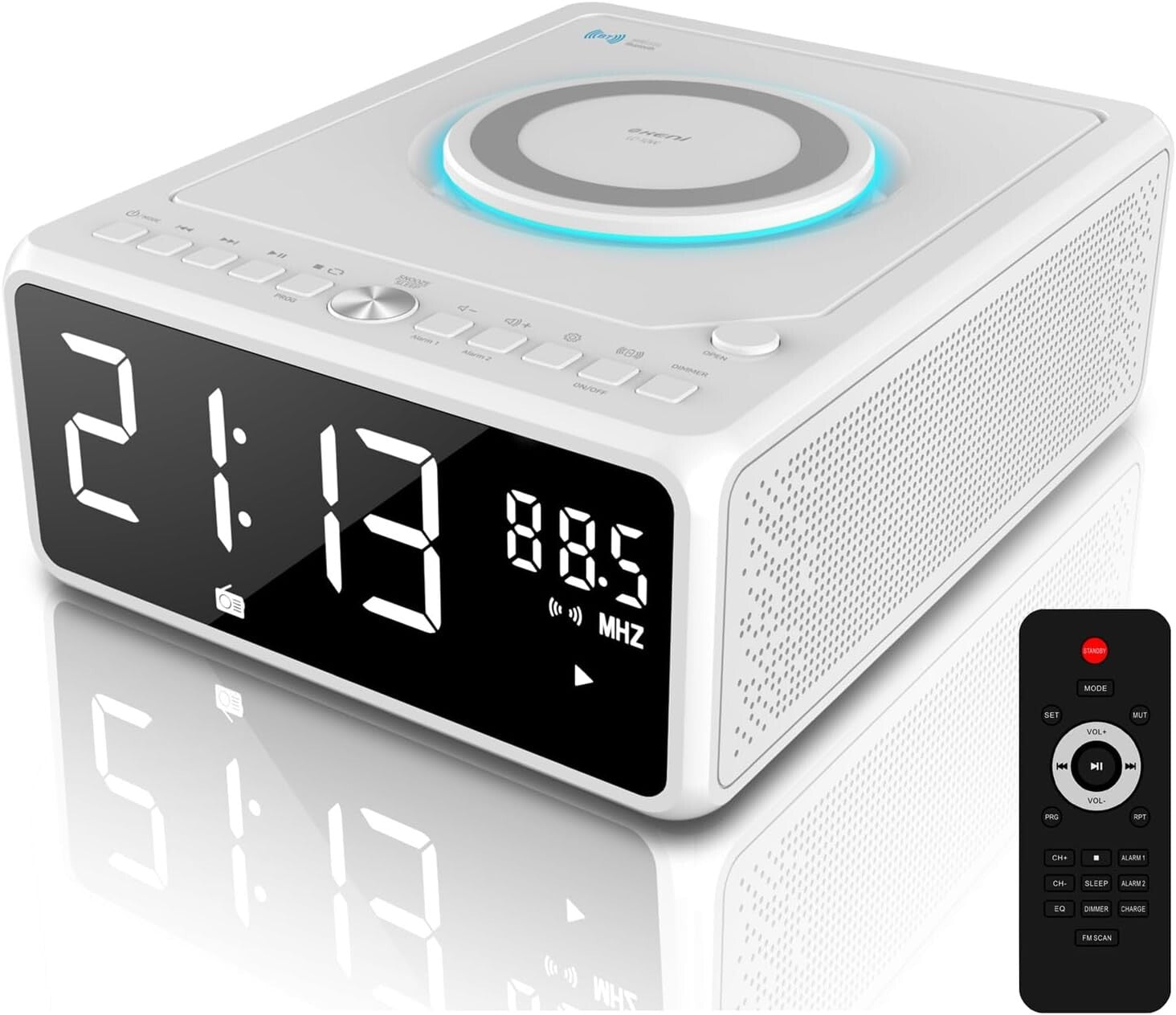Dual Alarm CD Player Clock with FM Radio & 10W Fast Wireless Charging