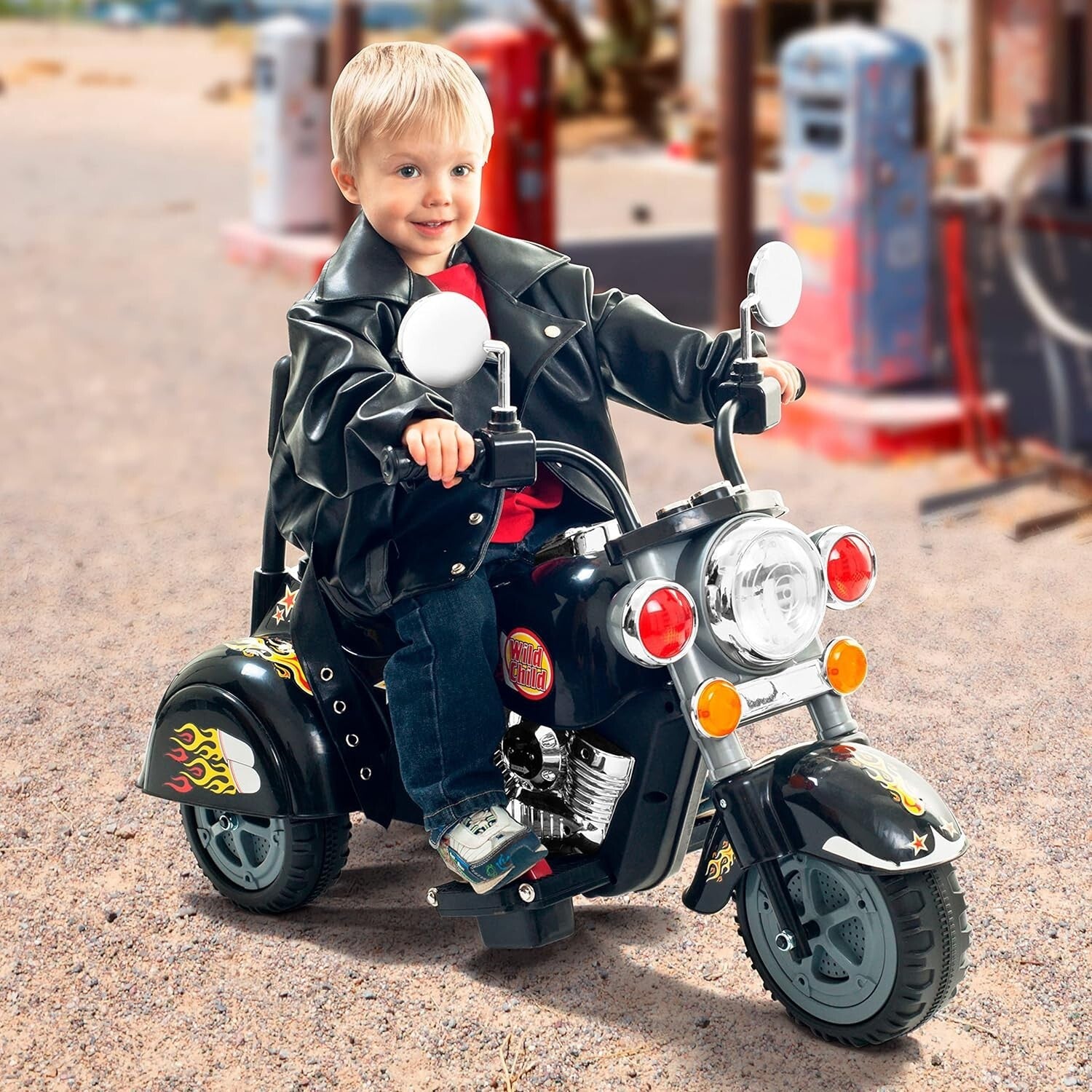 Children's Electric 3-Wheel Motorcycle with Headlights, Sounds - Black Chopper