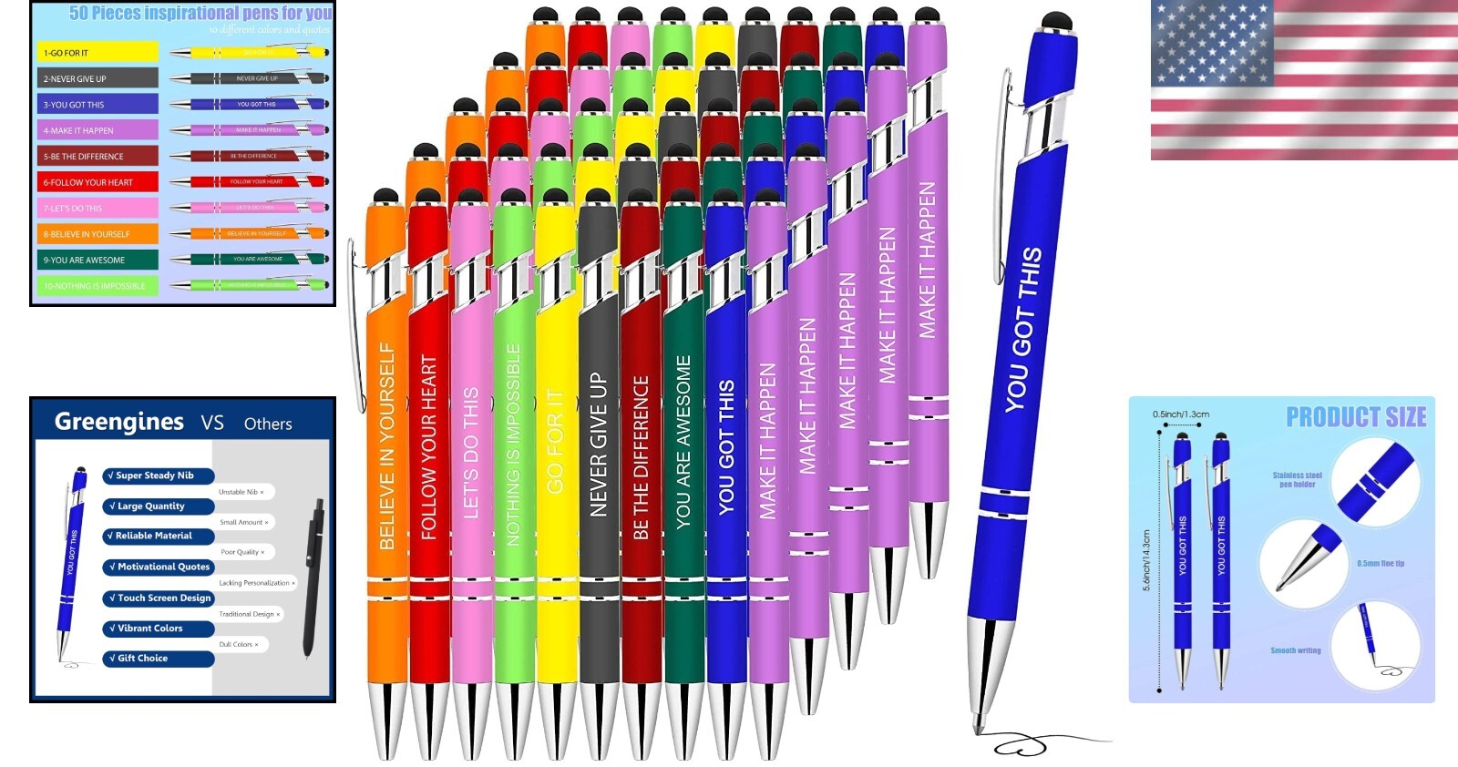 50-Piece Inspirational Pens with Stylus Tip - Motivational Quotes for Coworkers