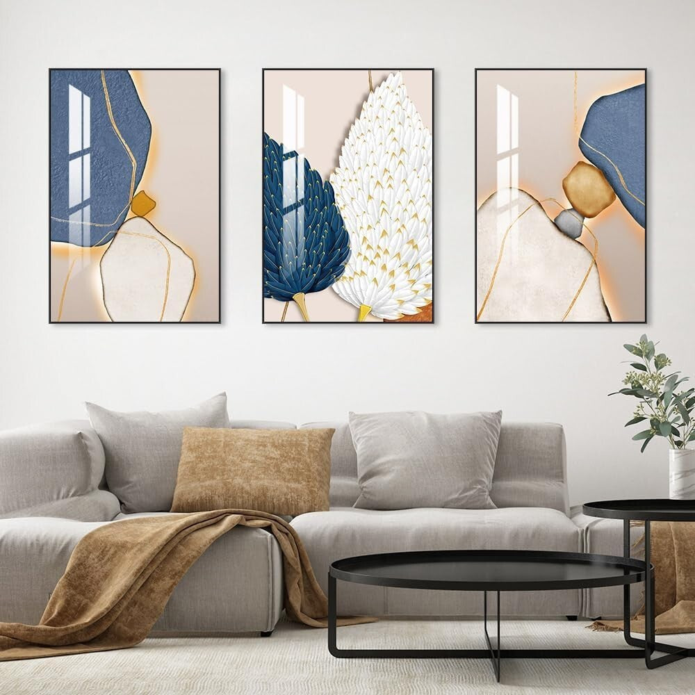Abstract Wall Art Set of 3 - Large Framed Canvas for Living Room Aesthetics