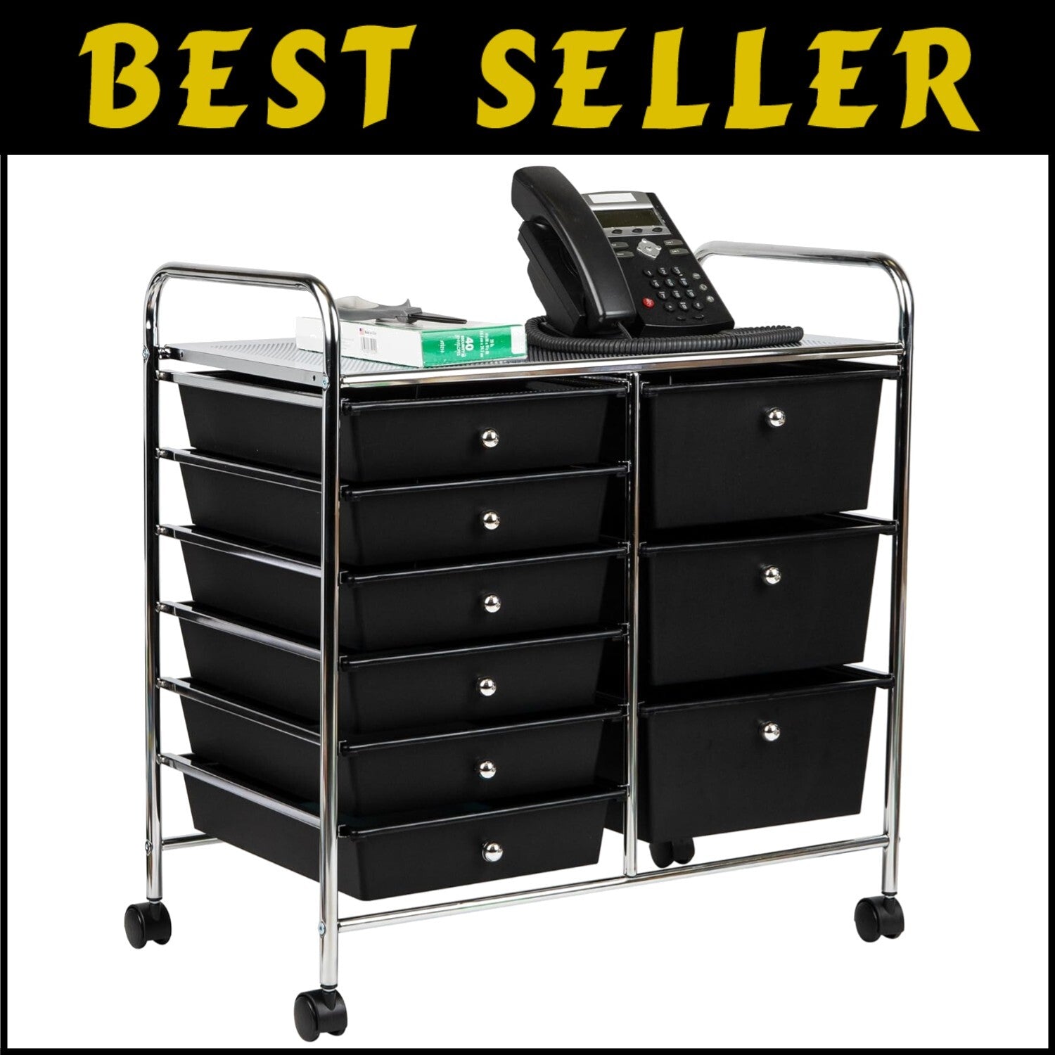 Durable Metal Utility Cart with 9 Drawers - Space-Saving Storage in Black/Silver
