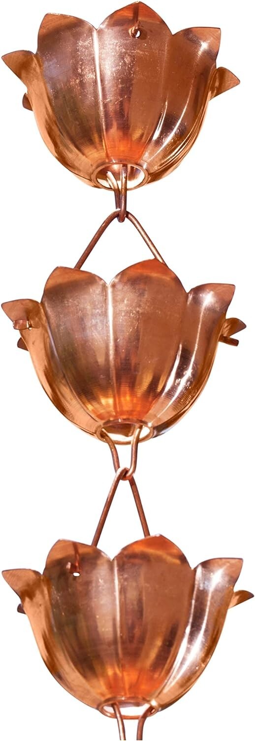 Durable 8.5 Ft Copper Rain Chain with Elegant Lotus Cups - Eco-Friendly Solution