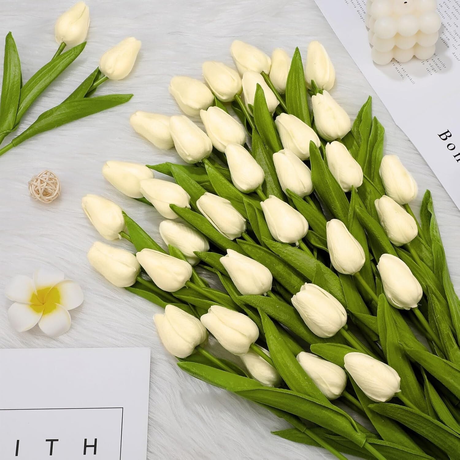 Waterproof Faux Tulips in Milk White - 100-Piece Set for Year-Round Elegance