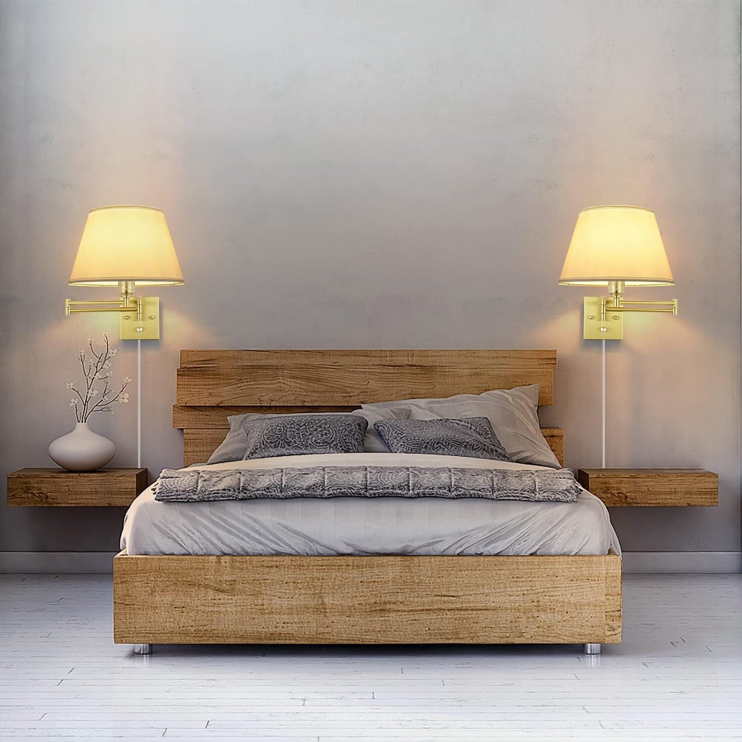 Adjustable Swing Arm Dimmable Wall Sconces - Elegant Design with Fabric Shade