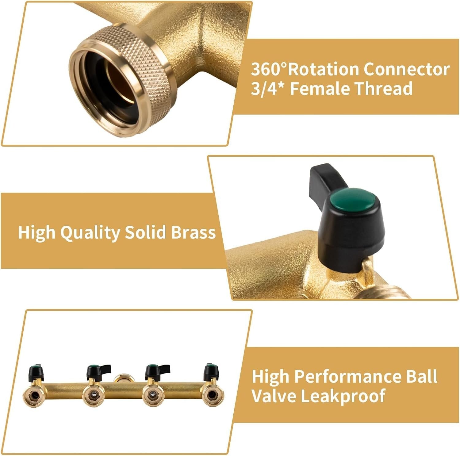 Versatile 4 Way Brass Hose Splitter with Independent Valves for Gardening
