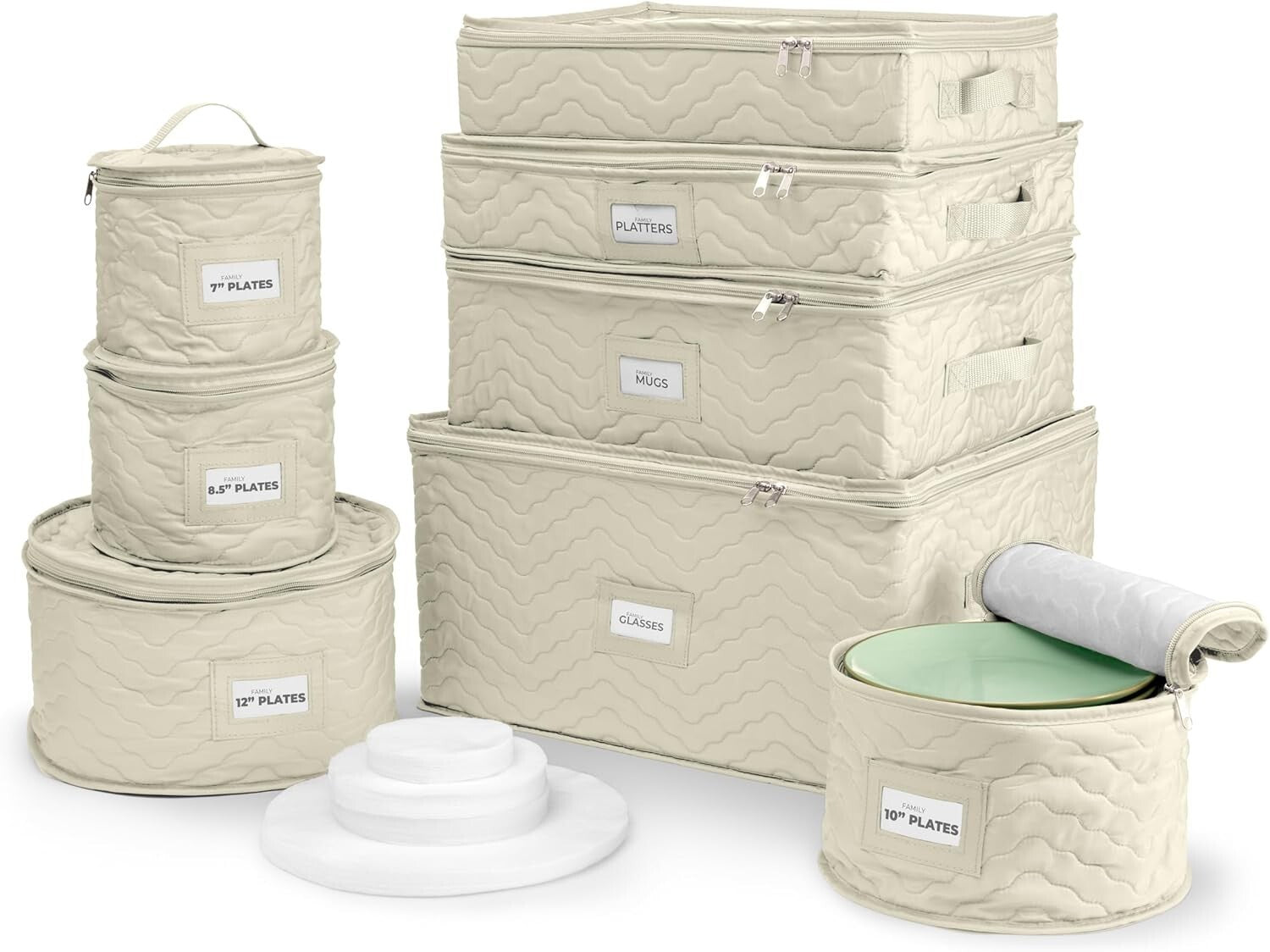Elegant Quilted China and Dish Storage Containers - 8pc Stackable Organizer Set