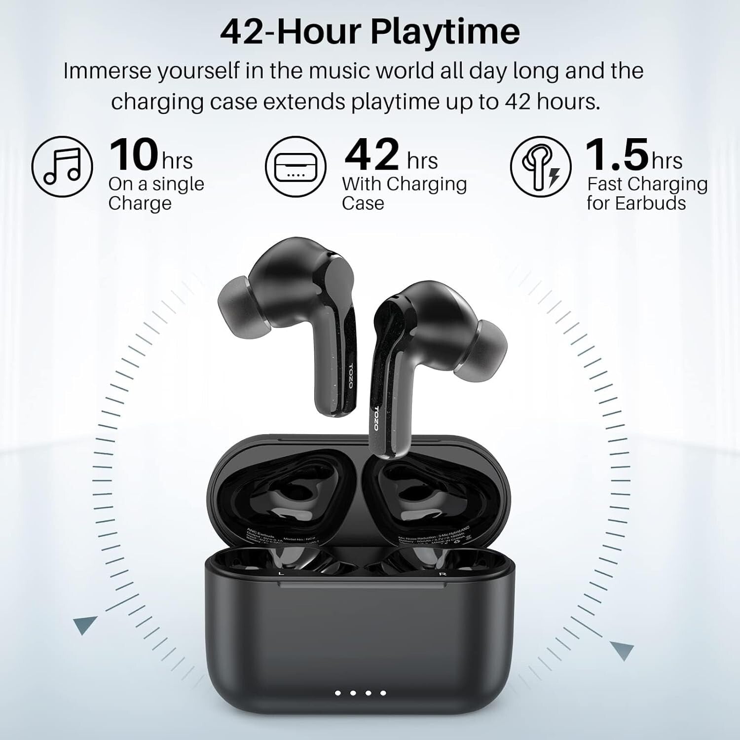 Matte Black Wireless Earbuds with 21-Hour Battery Life & Active Noise Cancelling