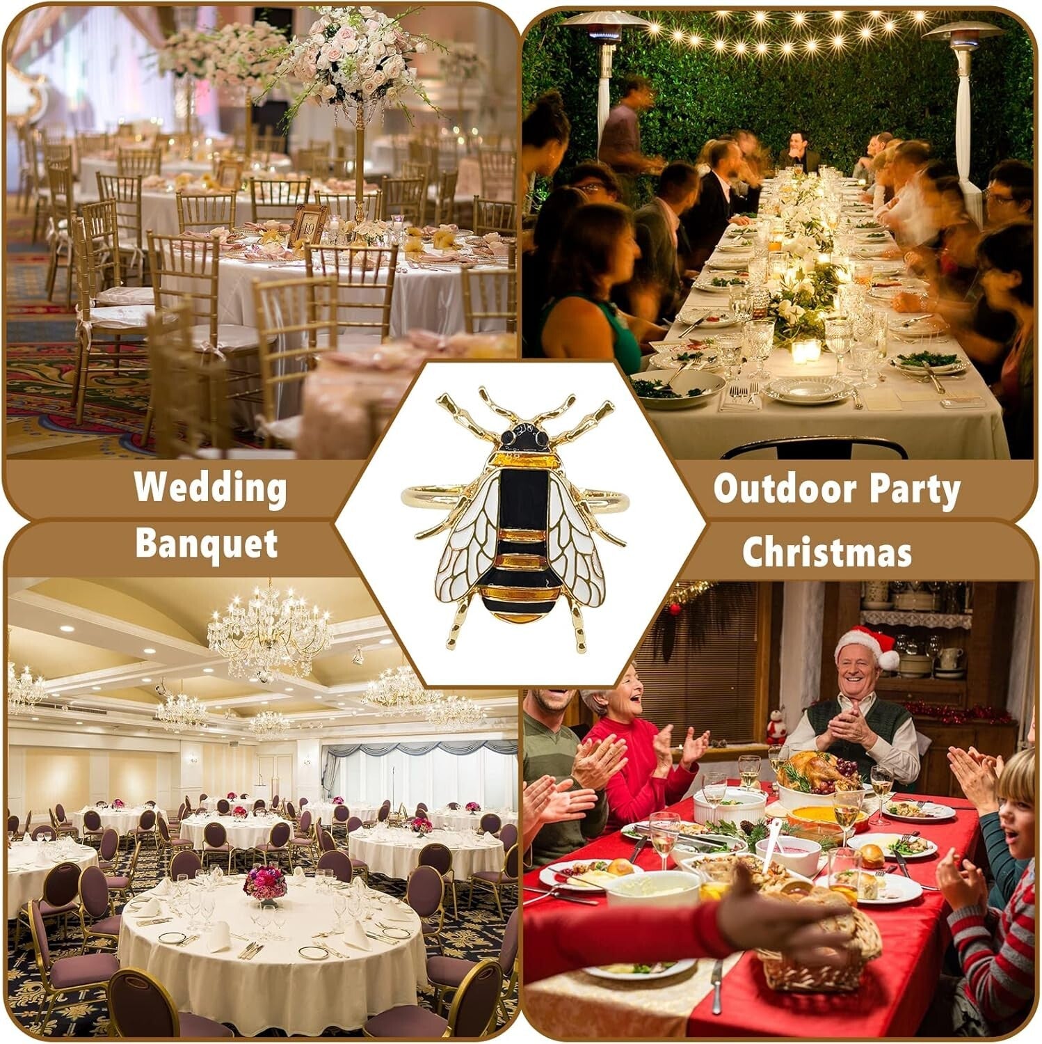 Set of 12 Gold Bee Napkin Rings - Soft Enamel Metal Holders for Elegant Dining