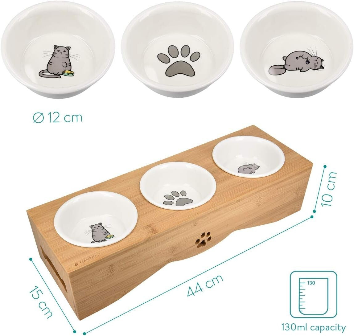 Eco-Friendly Elevated Pet Bowl Set - 3 Ceramic Dishes in Bamboo Stand for Cats