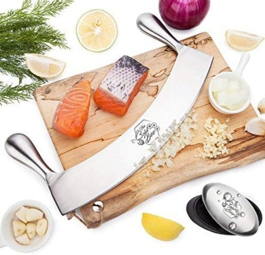 Ergonomic 12" Mezzaluna Knife & Protective Cover - Ideal for Chopping & Dicing