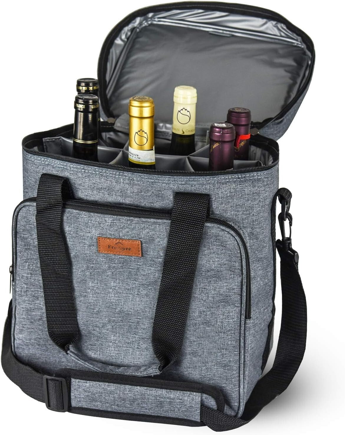 Durable Grey Wine Bag for 6 Bottles with Thermal Protection & Organizer