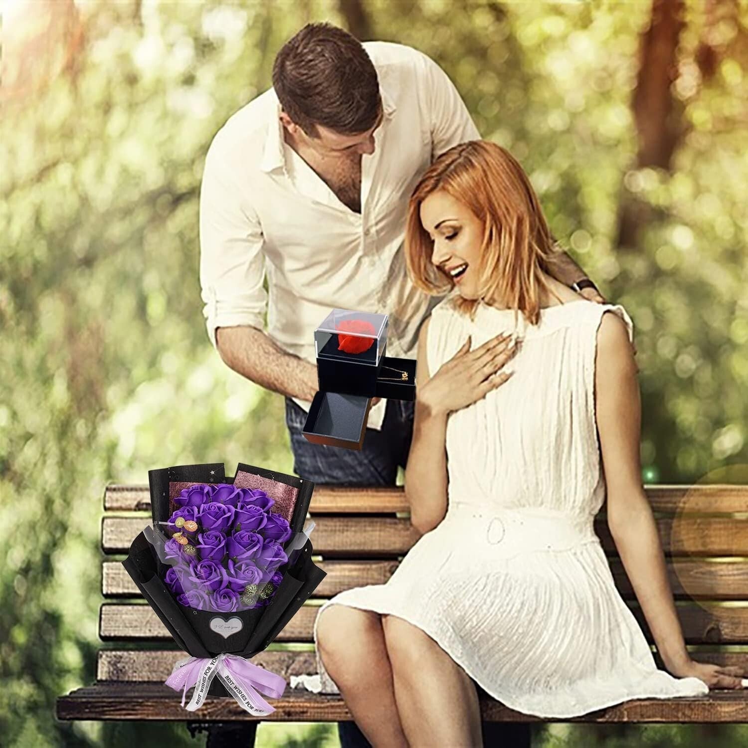 Artificial Purple Roses with Gift Box & Necklace - Perfect Mother's Day Gift