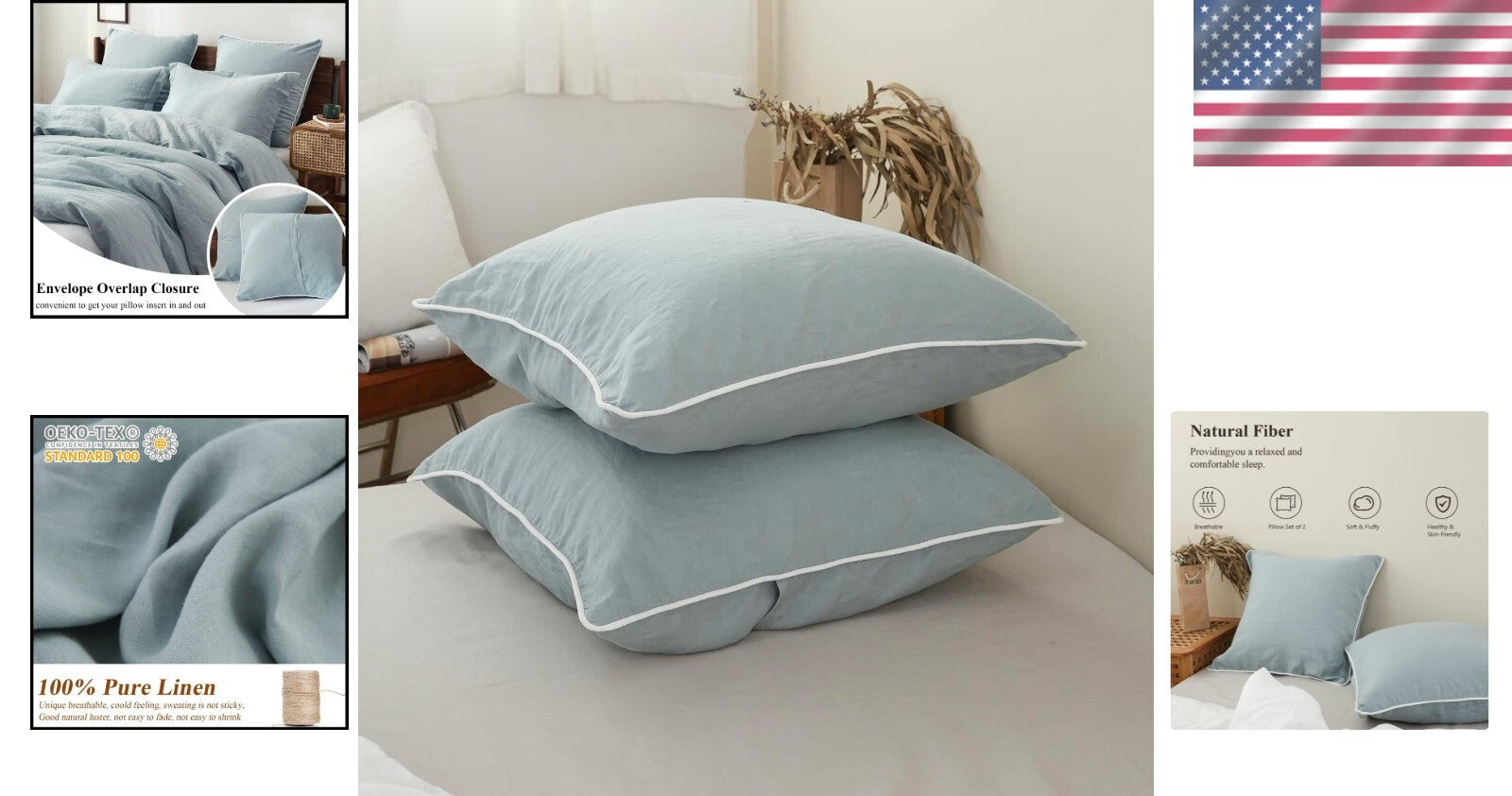 Sumptuous 100% Linen Euro Shams 26"x26" - Dusty Blue, Set of 2 for Elegant Decor