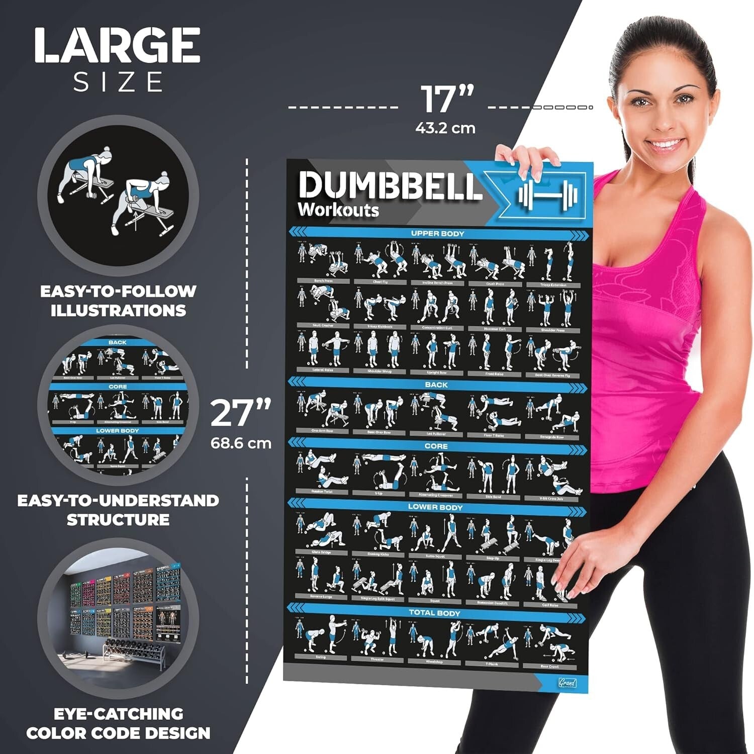 Striking Home Gym Workout Posters - Includes Dumbbell and Yoga Exercise Charts