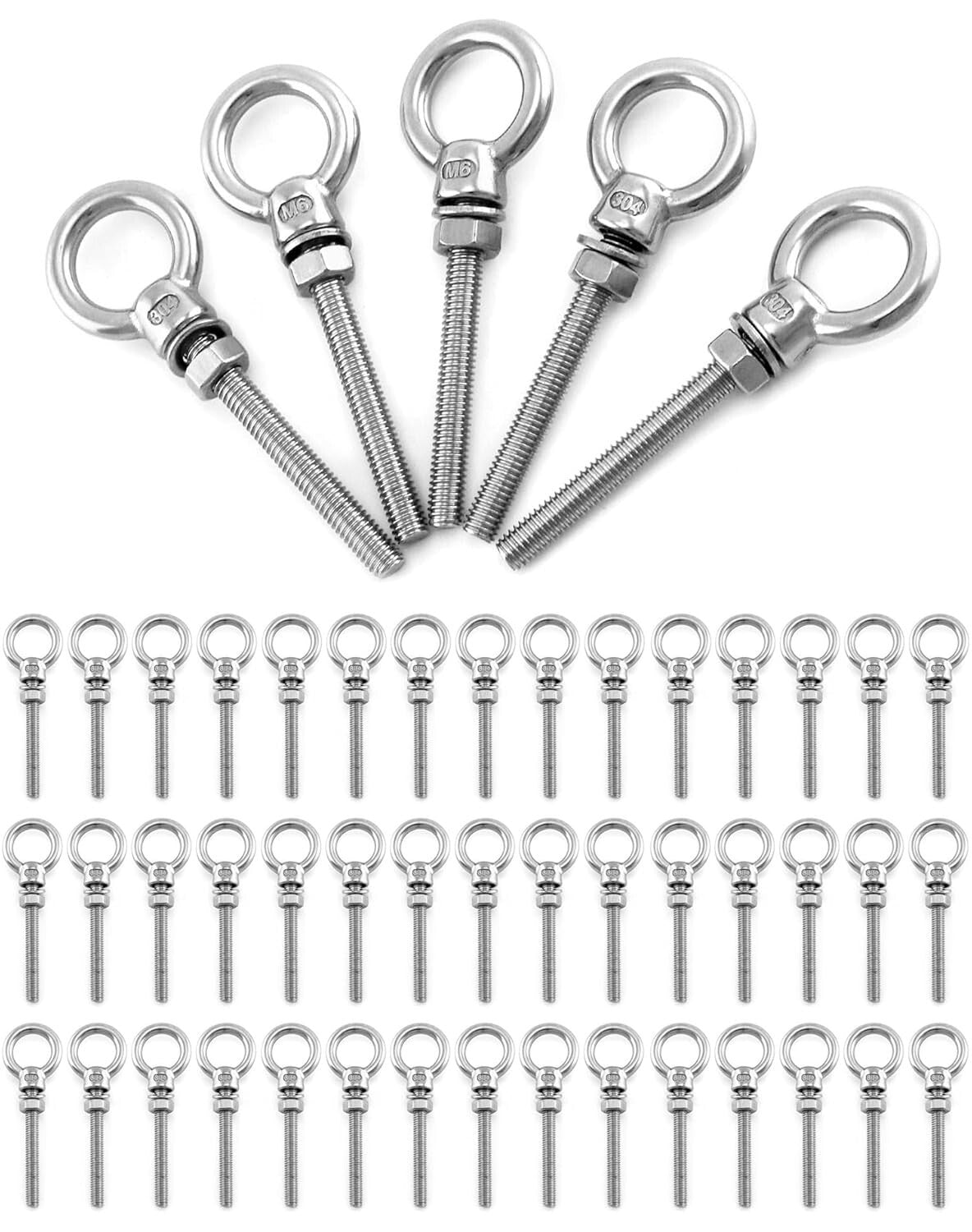 Marine-Grade 1/4" x 2" Long Stainless Steel Eyebolts with Nuts - 50 Count